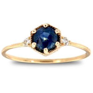 14K Yellow Gold Round Blue Sapphire & Diamond Ring